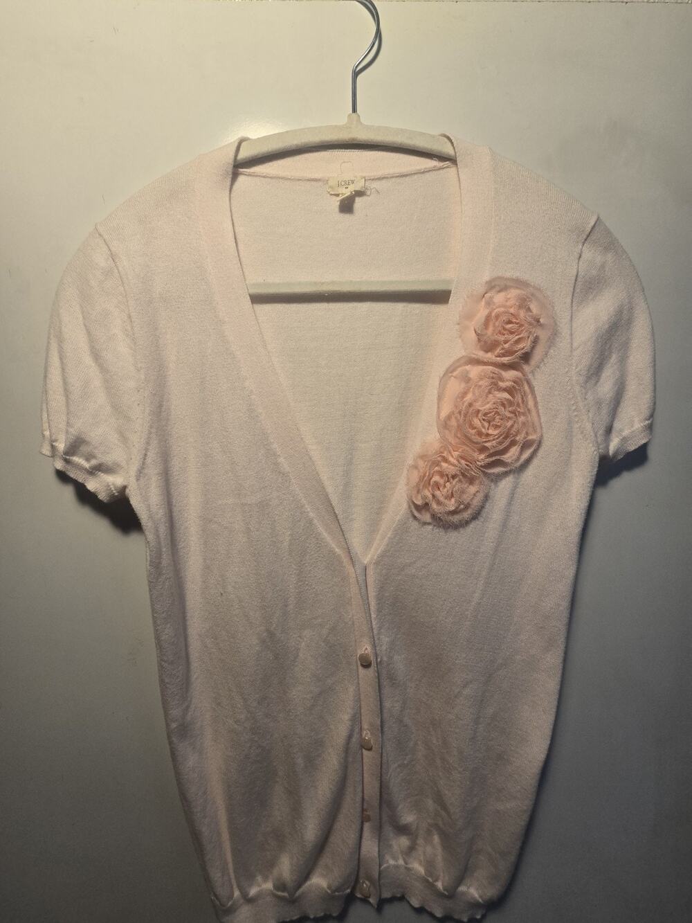 J. Crew Light Pink Short Sleeve Cardigan Size S 100% Cotton shabby chic romantic